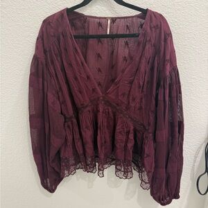 Free People Burgundy Embroidered Boho top - L